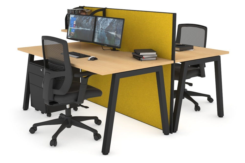 Horizon Quadro 2 Person Bench A Legs Office Workstation [1800L x 800W with Cable Scallop]-black leg maple mustard yellow (1200H x 1800W)