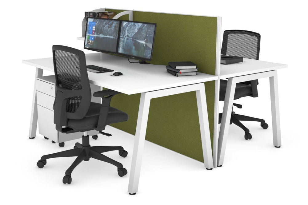 Horizon Quadro 2 Person Bench A Legs Office Workstation [1800L x 800W with Cable Scallop]-white leg white green moss (1200H x 1800W)
