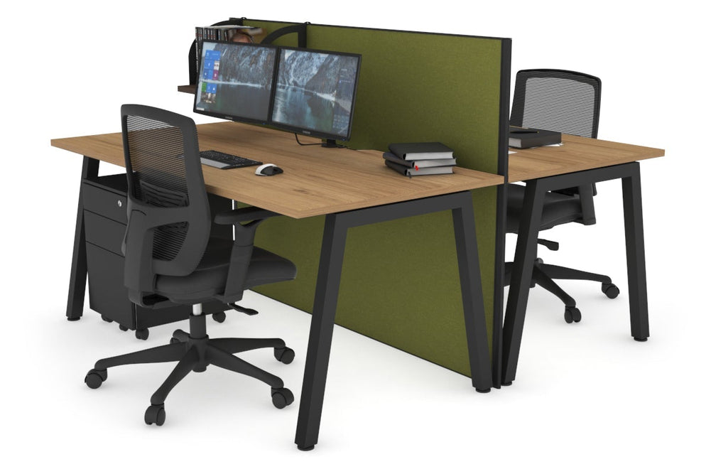 Horizon Quadro 2 Person Bench A Legs Office Workstation [1800L x 800W with Cable Scallop]-black leg salvage oak green moss (1200H x 1800W)