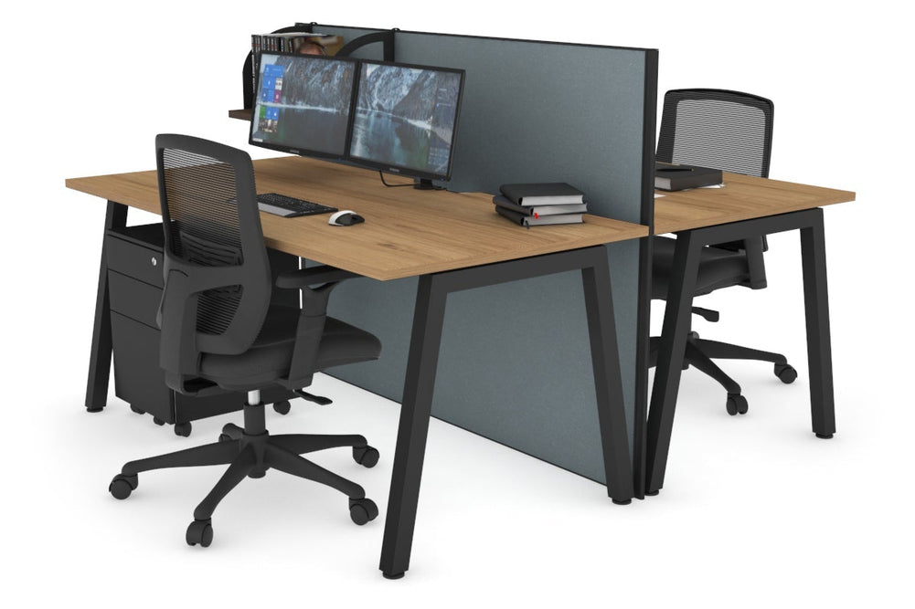 Horizon Quadro 2 Person Bench A Legs Office Workstation [1800L x 800W with Cable Scallop]-black leg salvage oak cool grey (1200H x 1800W)