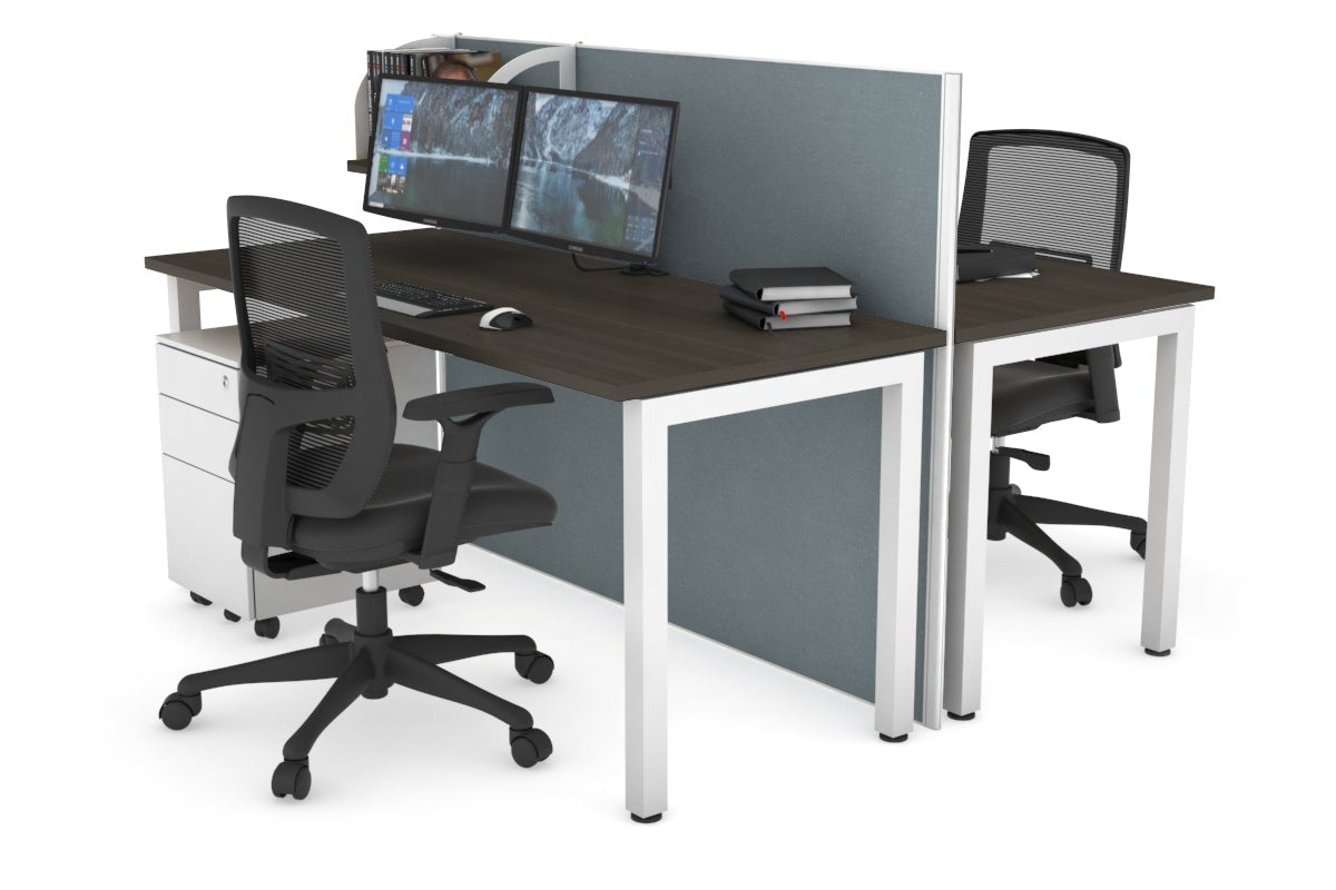 Horizon Quadro 2 Person Bench Square Leg Office Workstations [1200L x 700W] Jasonl white leg dark oak cool grey (1200H x 1200W)