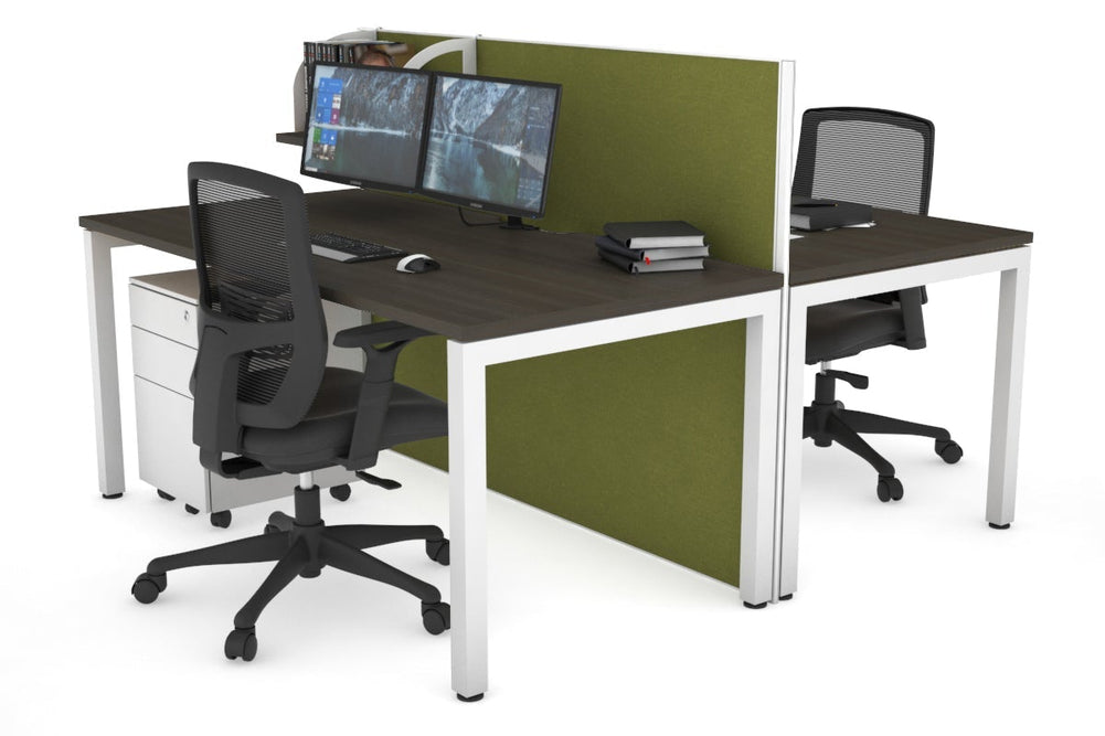 Horizon Quadro 2 Person Bench Square Legs Office Workstation [1200L x 800W with Cable Scallop]-white leg dark oak green moss (1200H x 1200W)