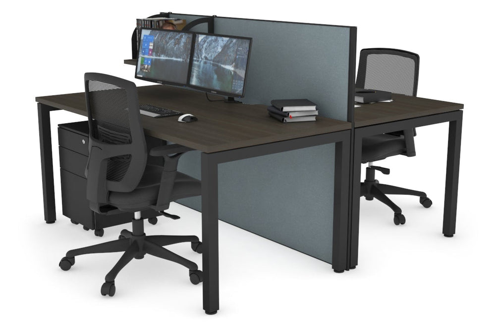Horizon Quadro 2 Person Bench Square Legs Office Workstation [1200L x 800W with Cable Scallop]-black leg dark oak cool grey (1200H x 1200W)