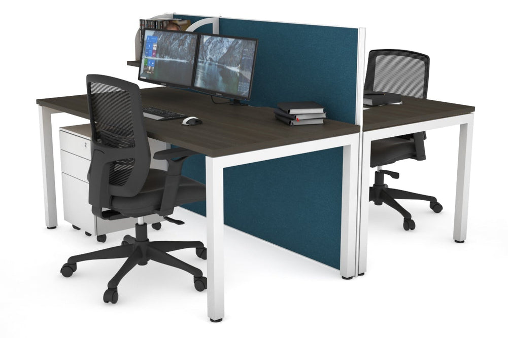 Horizon Quadro 2 Person Bench Square Legs Office Workstation [1200L x 800W with Cable Scallop]-white leg dark oak deep blue (1200H x 1200W)