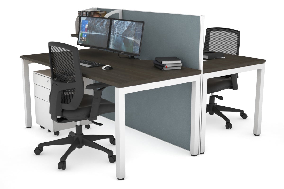 Horizon Quadro 2 Person Bench Square Legs Office Workstation [1400L x 800W with Cable Scallop]-white leg dark oak cool grey (1200H x 1400W)