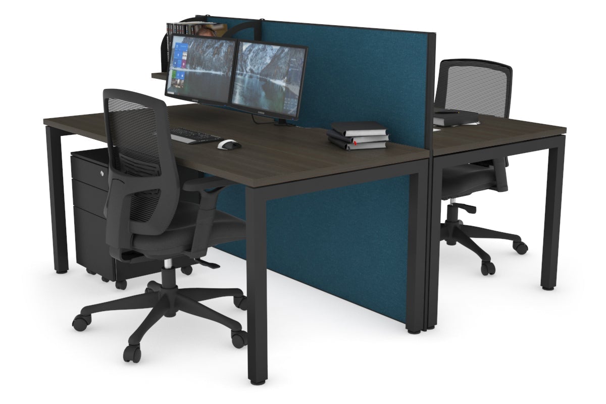 Horizon Quadro 2 Person Bench Square Legs Office Workstation [1400L x 800W with Cable Scallop]-black leg dark oak deep blue (1200H x 1400W)