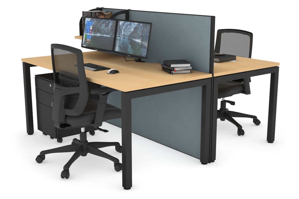 Horizon Quadro 2 Person Bench Square Legs Office Workstation [1400L x 800W with Cable Scallop]-black leg maple cool grey (1200H x 1400W)