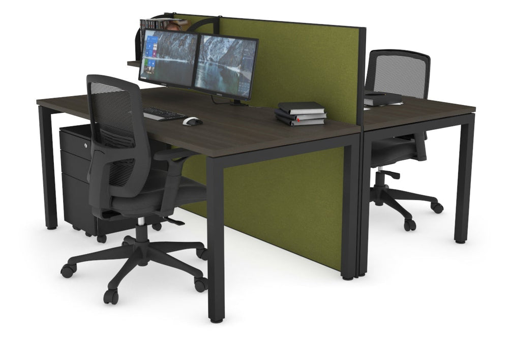 Horizon Quadro 2 Person Bench Square Legs Office Workstation [1400L x 800W with Cable Scallop]-black leg dark oak green moss (1200H x 1400W)
