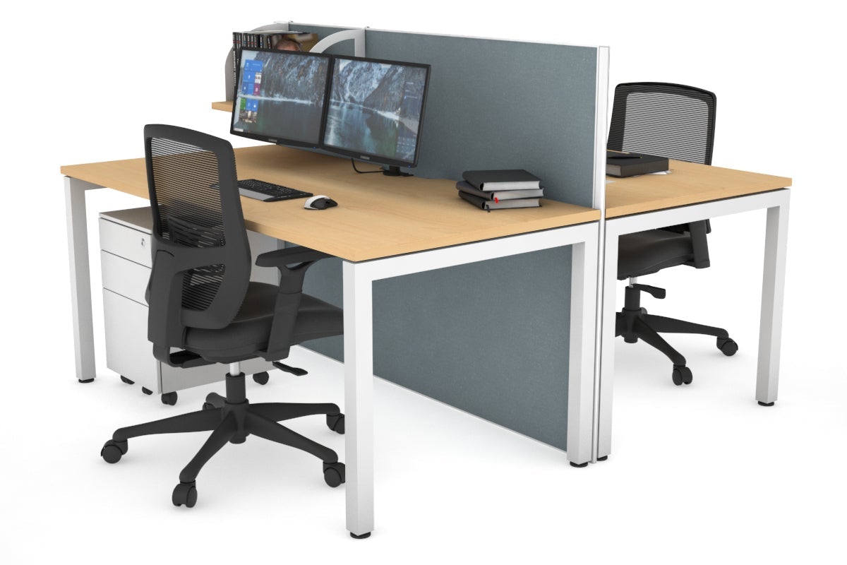 Horizon Quadro 2 Person Bench Square Legs Office Workstation [1400L x 800W with Cable Scallop]-white leg maple cool grey (1200H x 1400W)
