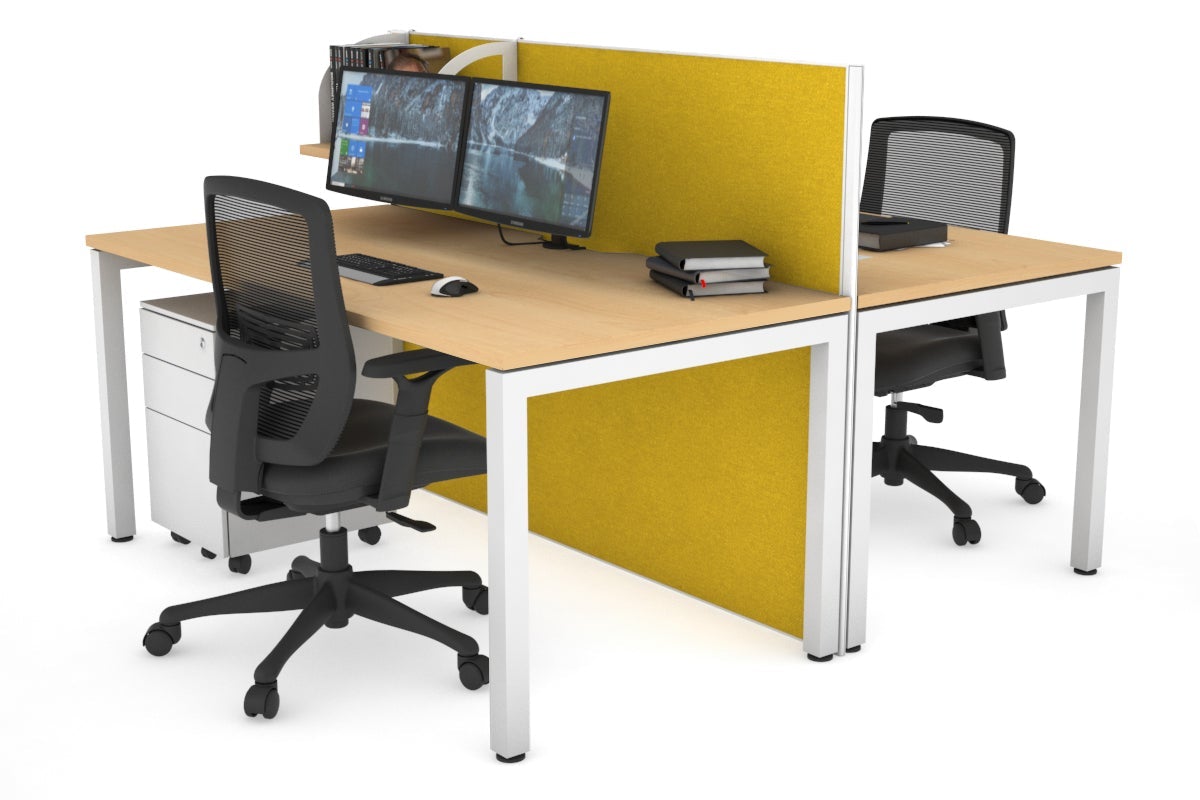 Horizon Quadro 2 Person Bench Square Legs Office Workstation [1400L x 800W with Cable Scallop]-white leg maple mustard yellow (1200H x 1400W)