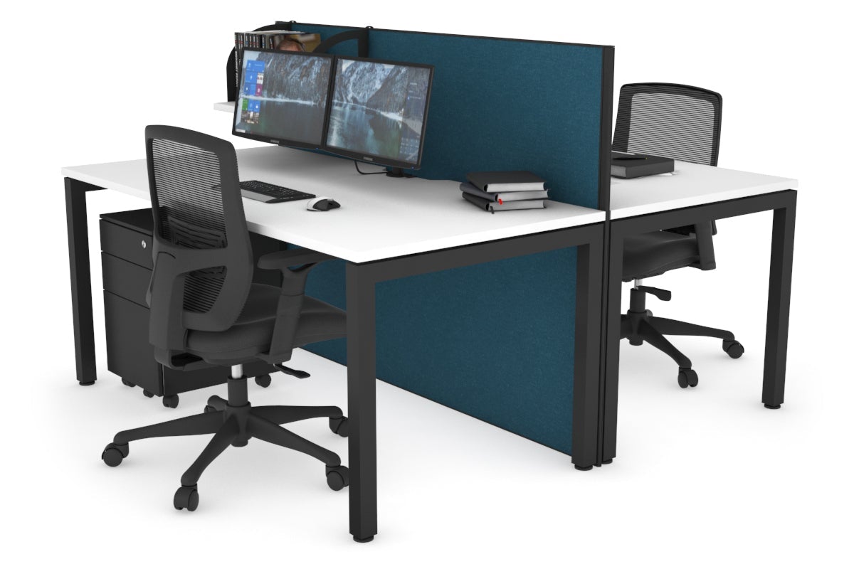 Horizon Quadro 2 Person Bench Square Legs Office Workstation [1400L x 800W with Cable Scallop]-black leg white deep blue (1200H x 1400W)