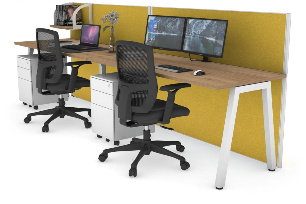 Horizon Quadro 2 Person Run A Legs Office Workstation [1200L x 700W]-white leg salvage oak mustard yellow (1200H x 2400W)