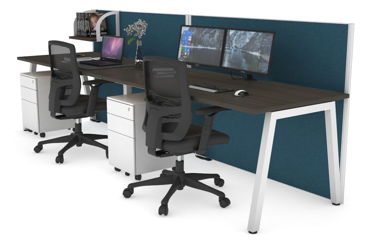 Horizon Quadro 2 Person Run A Leg Office Workstations [1200L x 800W with Cable Scallop] Jasonl white leg dark oak deep blue (1200H x 2400W)