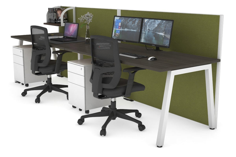 Horizon Quadro 2 Person Run A Legs Office Workstation [1200L x 800W with Cable Scallop]-white leg dark oak green moss (1200H x 2400W)