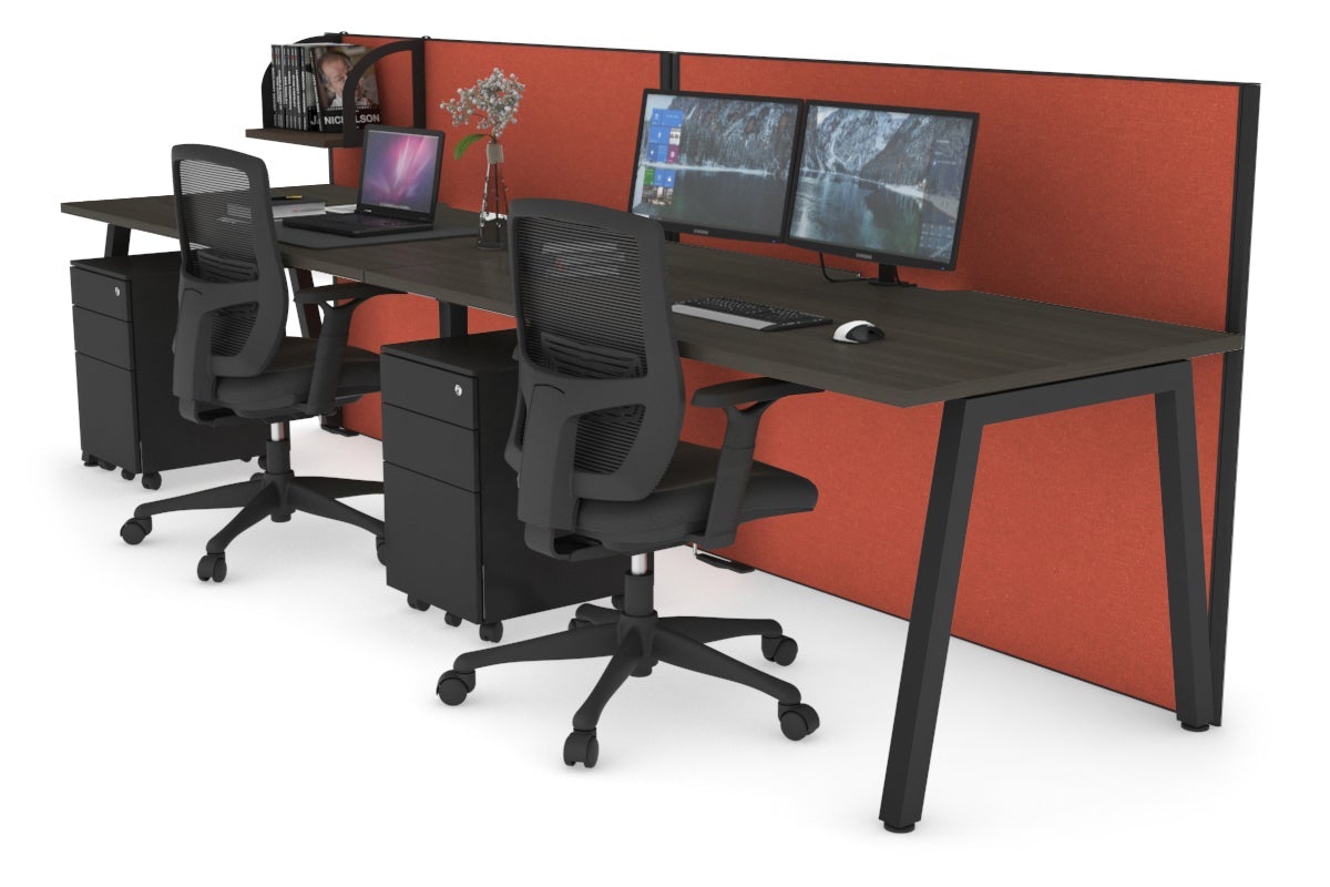 Horizon Quadro 2 Person Run A Leg Office Workstations [1200L x 800W with Cable Scallop] Jasonl black leg dark oak orange squash (1200H x 2400W)