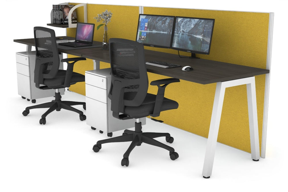 Horizon Quadro 2 Person Run A Legs Office Workstation [1400L x 700W]-white leg dark oak mustard yellow (1200H x 2800W)