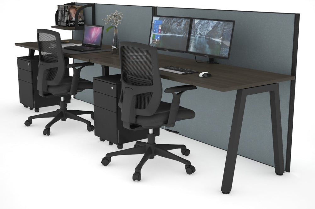 Horizon Quadro 2 Person Run A Legs Office Workstation [1400L x 700W]-black leg dark oak cool grey (1200H x 2800W)