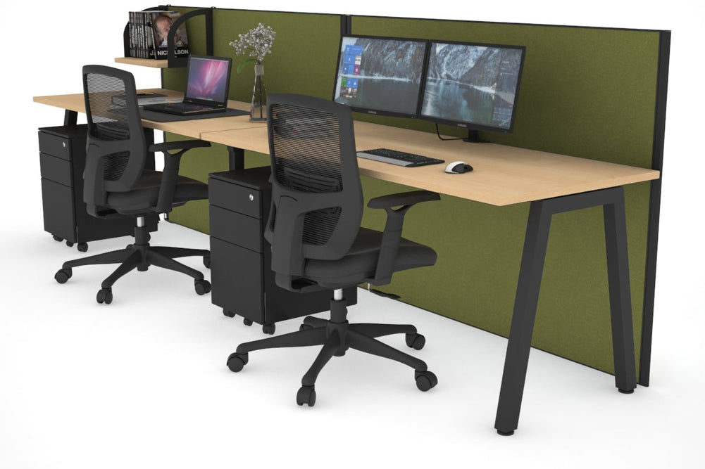 Horizon Quadro 2 Person Run A Legs Office Workstation [1400L x 700W]-black leg maple green moss (1200H x 2800W)