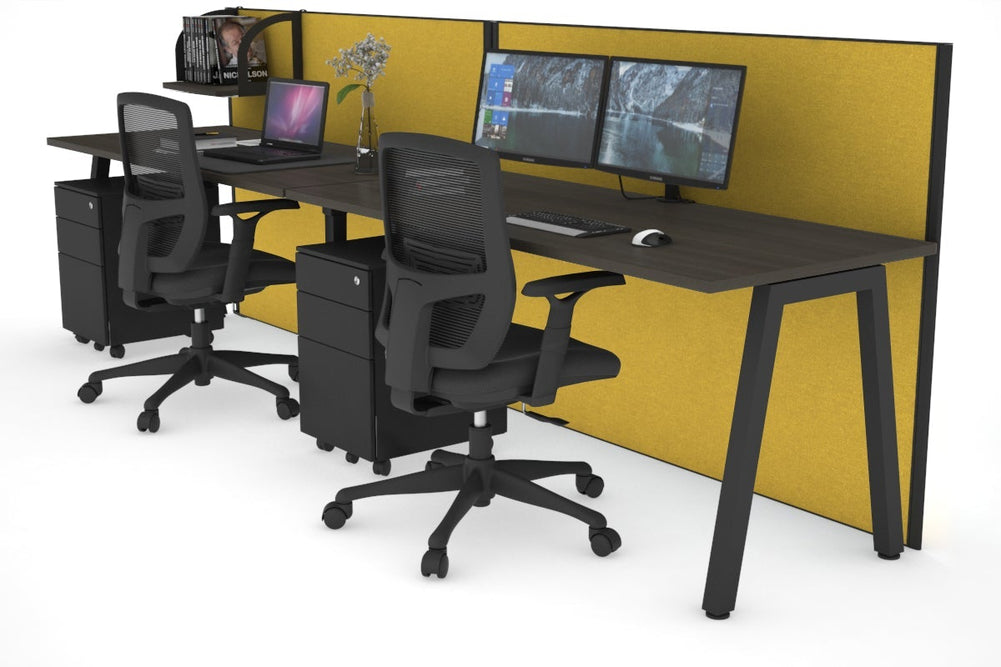 Horizon Quadro 2 Person Run A Legs Office Workstation [1400L x 700W]-black leg dark oak mustard yellow (1200H x 2800W)