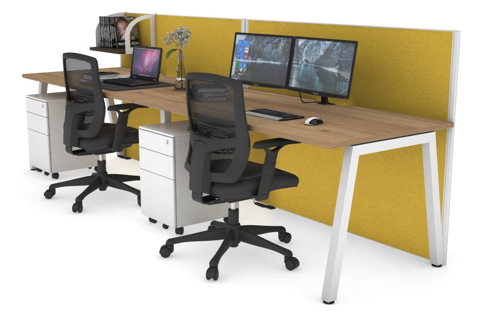 Horizon Quadro 2 Person Run A Legs Office Workstation [1400L x 800W with Cable Scallop]-white leg salvage oak mustard yellow (1200H x 2800W)