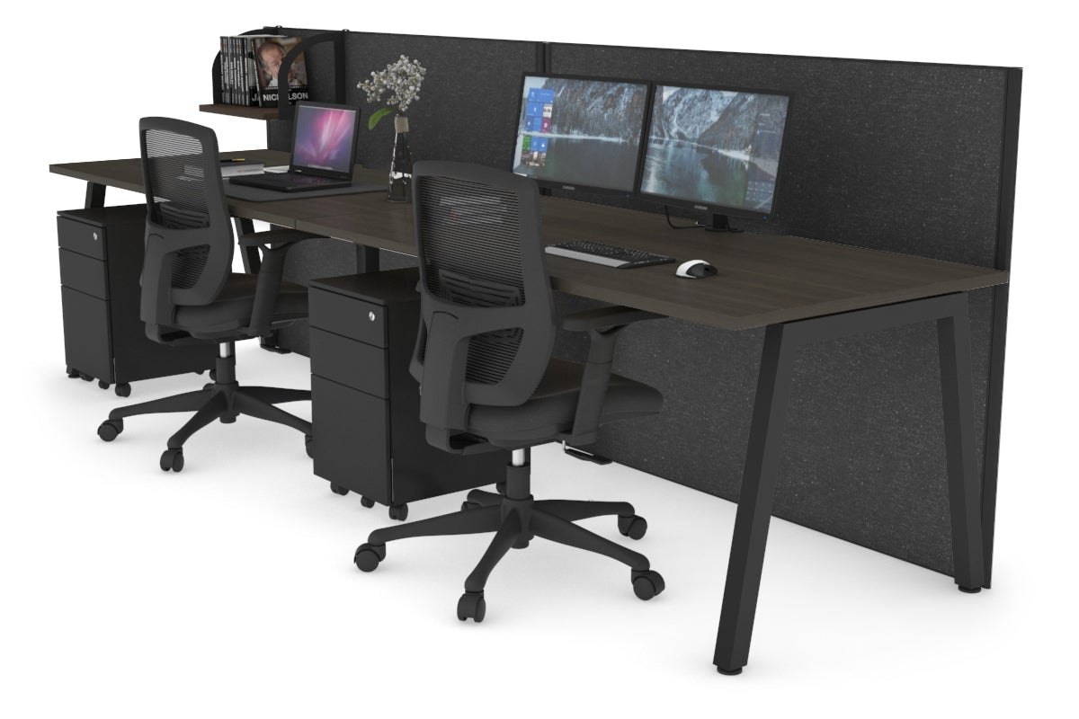 Horizon Quadro 2 Person Run A Legs Office Workstation [1400L x 800W with Cable Scallop]-black leg dark oak moody charcoal (1200H x 2800W)