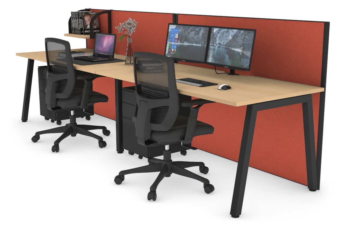 Horizon Quadro 2 Person Run A Legs Office Workstation [1400L x 800W with Cable Scallop]-black leg maple orange squash (1200H x 2800W)