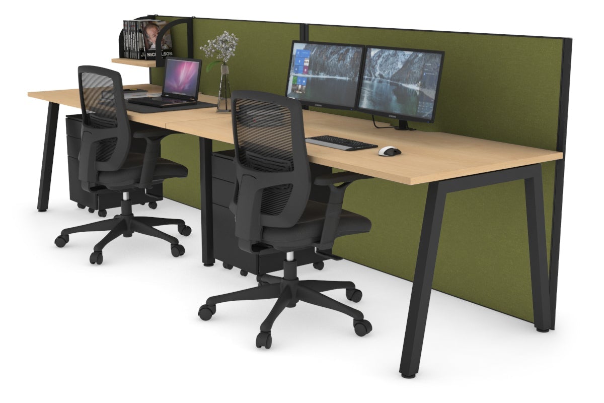 Horizon Quadro 2 Person Run A Legs Office Workstation [1400L x 800W with Cable Scallop]-black leg maple green moss (1200H x 2800W)