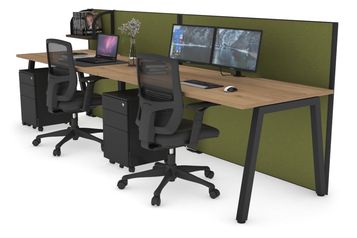 Horizon Quadro 2 Person Run A Legs Office Workstation [1400L x 800W with Cable Scallop]-black leg salvage oak green moss (1200H x 2800W)