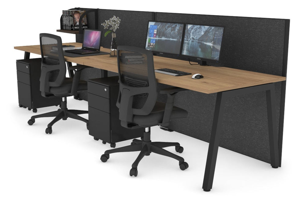 Horizon Quadro 2 Person Run A Legs Office Workstation [1400L x 800W with Cable Scallop]-black leg salvage oak moody charcoal (1200H x 2800W)