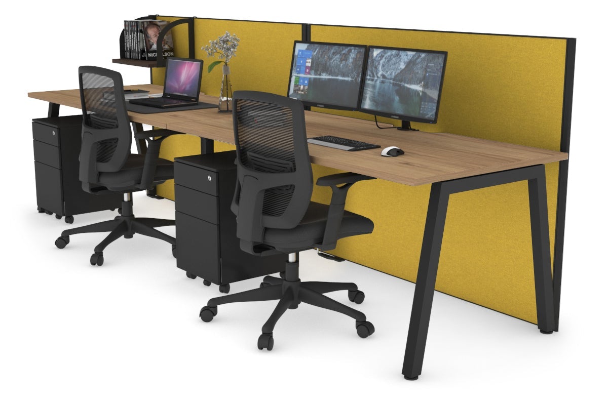 Horizon Quadro 2 Person Run A Legs Office Workstation [1400L x 800W with Cable Scallop]-black leg salvage oak mustard yellow (1200H x 2800W)