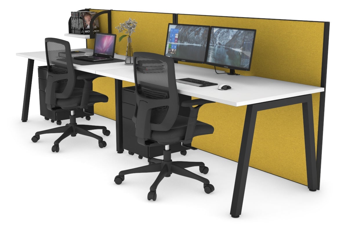 Horizon Quadro 2 Person Run A Legs Office Workstation [1400L x 800W with Cable Scallop]-black leg white mustard yellow (1200H x 2800W)