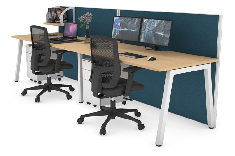 Horizon Quadro 2 Person Run A Leg Office Workstations [1400L x 800W with Cable Scallop] Jasonl white leg maple deep blue (1200H x 2800W)