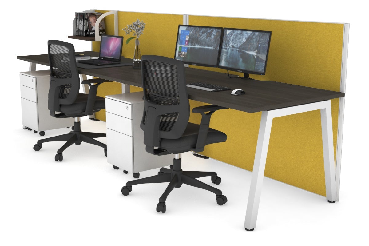 Horizon Quadro 2 Person Run A Leg Office Workstations [1400L x 800W with Cable Scallop] Jasonl white leg dark oak mustard yellow (1200H x 2800W)