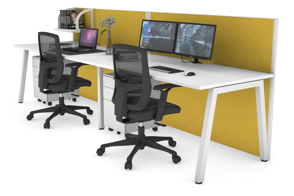 Horizon Quadro 2 Person Run A Legs Office Workstation [1400L x 800W with Cable Scallop]-white leg white mustard yellow (1200H x 2800W)