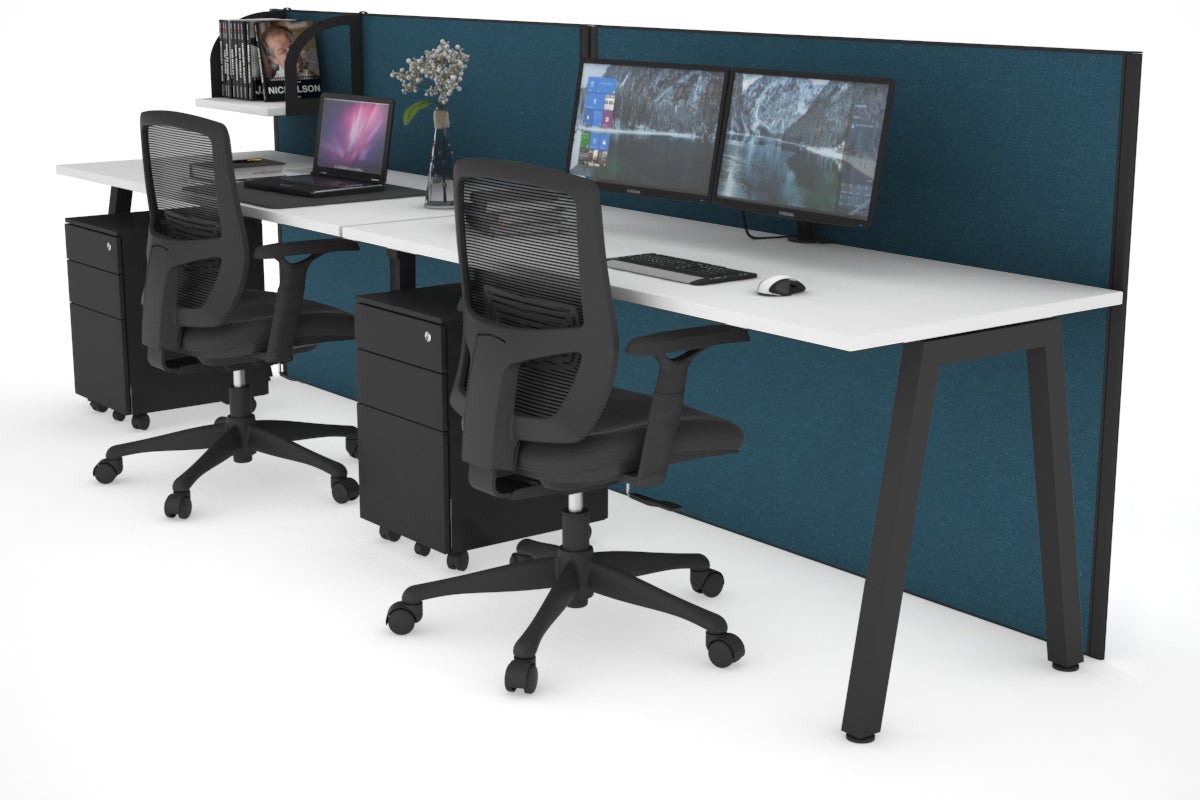 Horizon Quadro 2 Person Run A Legs Office Workstation [1600L x 700W]-black leg white deep blue (1200H x 3200W)