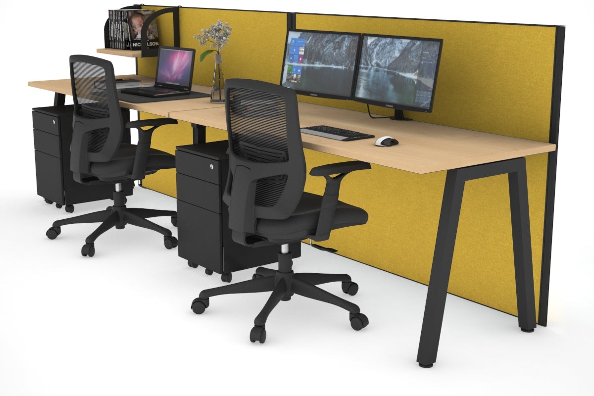 Horizon Quadro 2 Person Run A Legs Office Workstation [1600L x 700W]-black leg maple mustard yellow (1200H x 3200W)