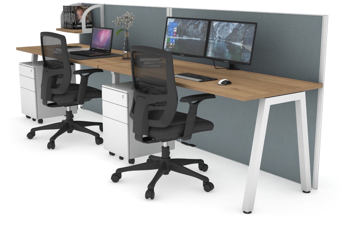 Horizon Quadro 2 Person Run A Legs Office Workstation [1600L x 700W]-white leg salvage oak cool grey (1200H x 3200W)