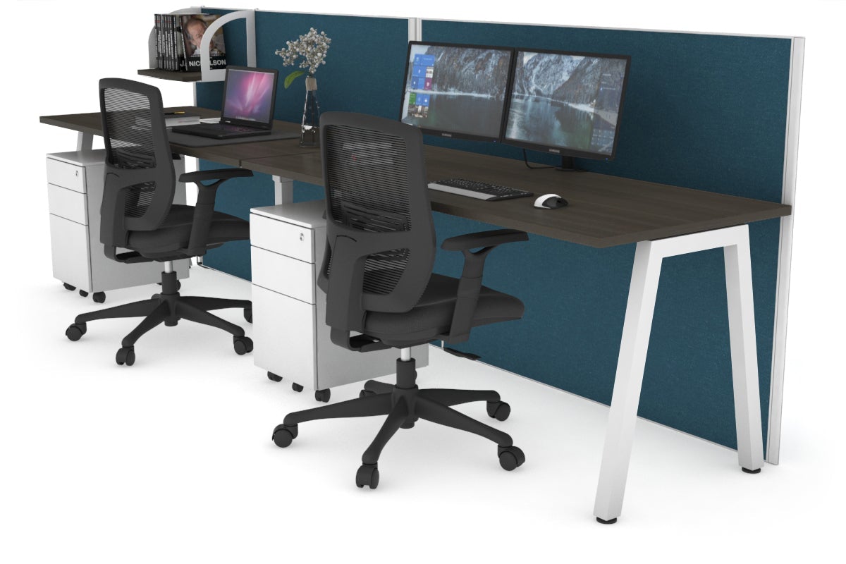 Horizon Quadro 2 Person Run A Legs Office Workstation [1600L x 700W]-white leg dark oak deep blue (1200H x 3200W)