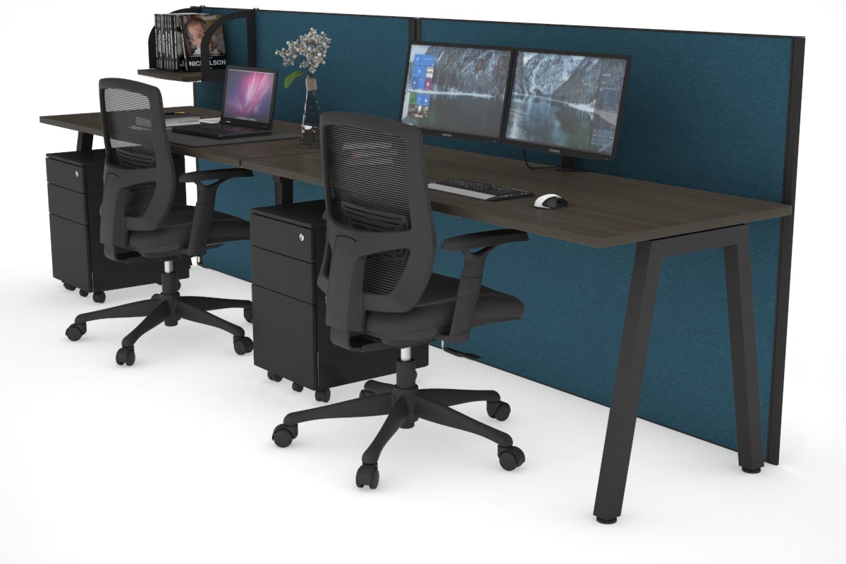 Horizon Quadro 2 Person Run A Legs Office Workstation [1600L x 700W]-black leg dark oak deep blue (1200H x 3200W)