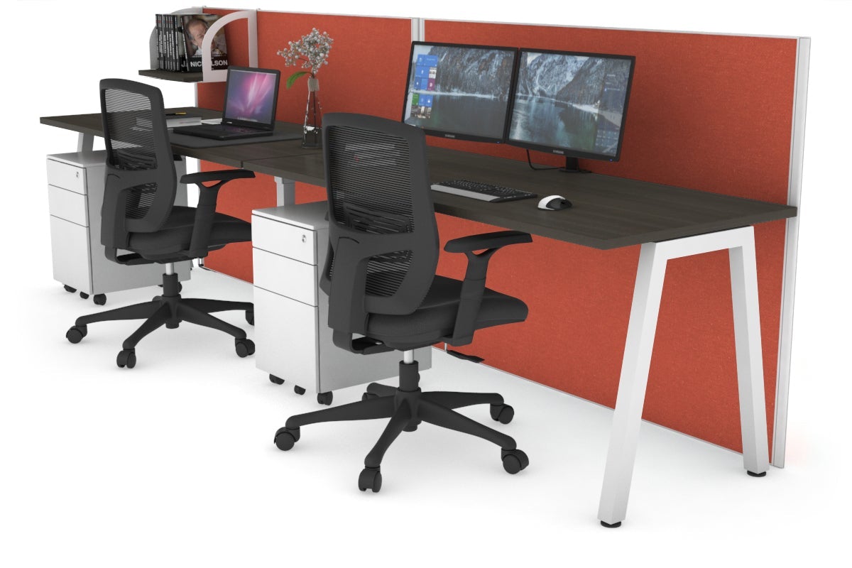 Horizon Quadro 2 Person Run A Legs Office Workstation [1600L x 700W]-white leg dark oak orange squash (1200H x 3200W)
