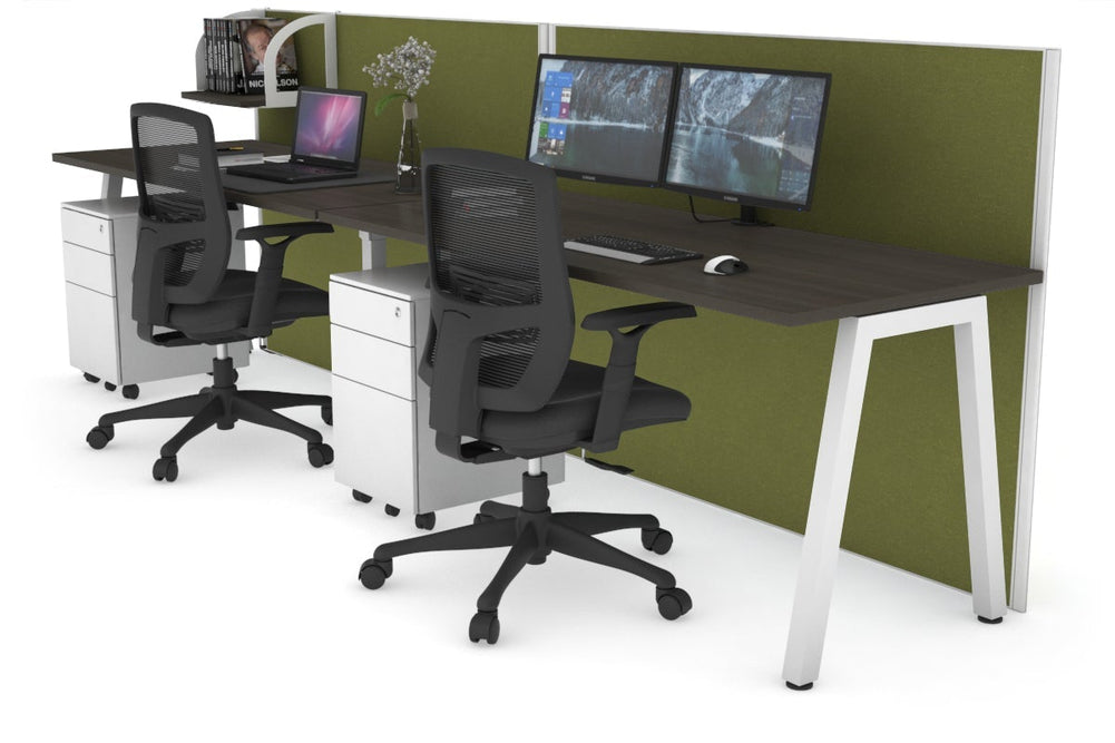 Horizon Quadro 2 Person Run A Legs Office Workstation [1600L x 700W]-white leg dark oak green moss (1200H x 3200W)