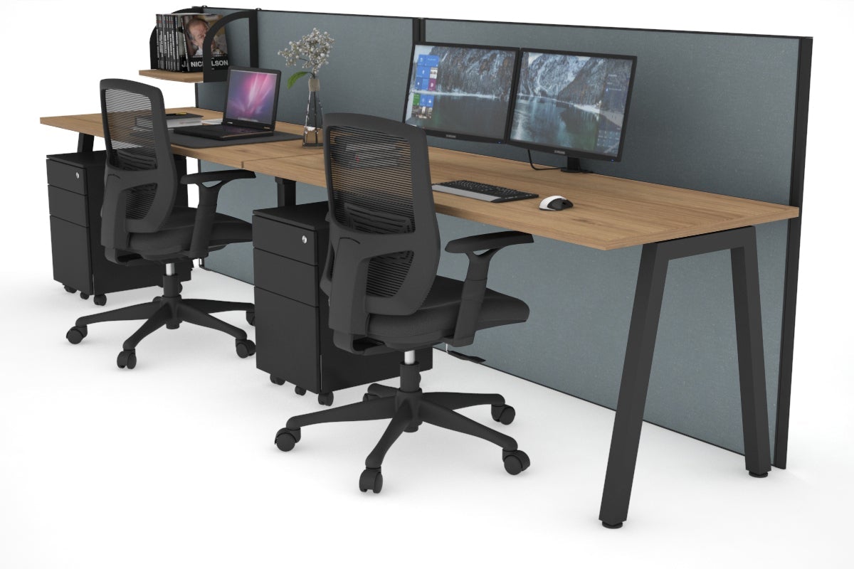 Horizon Quadro 2 Person Run A Legs Office Workstation [1600L x 700W]-black leg salvage oak cool grey (1200H x 3200W)