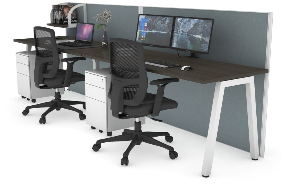 Horizon Quadro 2 Person Run A Legs Office Workstation [1600L x 700W]-white leg dark oak cool grey (1200H x 3200W)