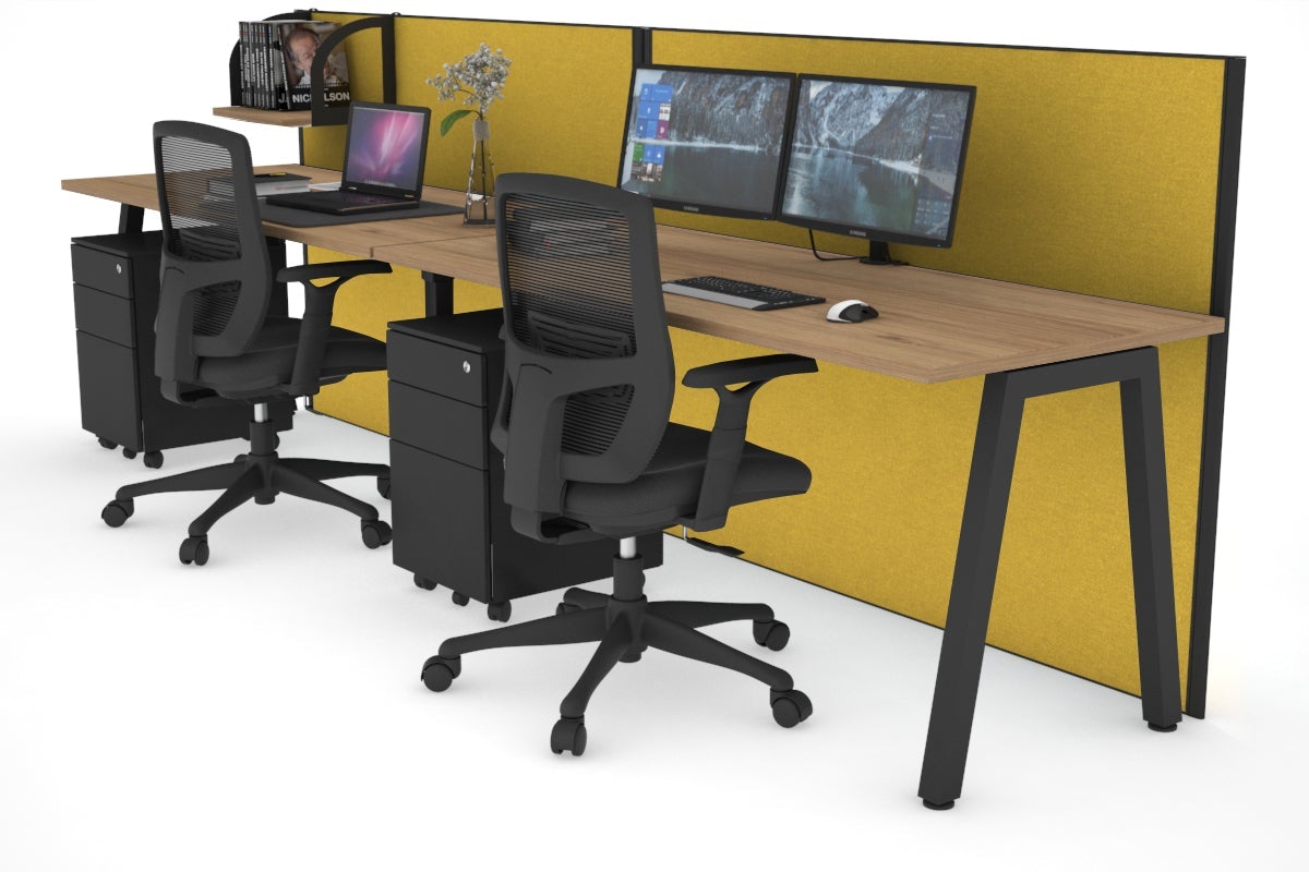 Horizon Quadro 2 Person Run A Legs Office Workstation [1600L x 700W]-black leg salvage oak mustard yellow (1200H x 3200W)