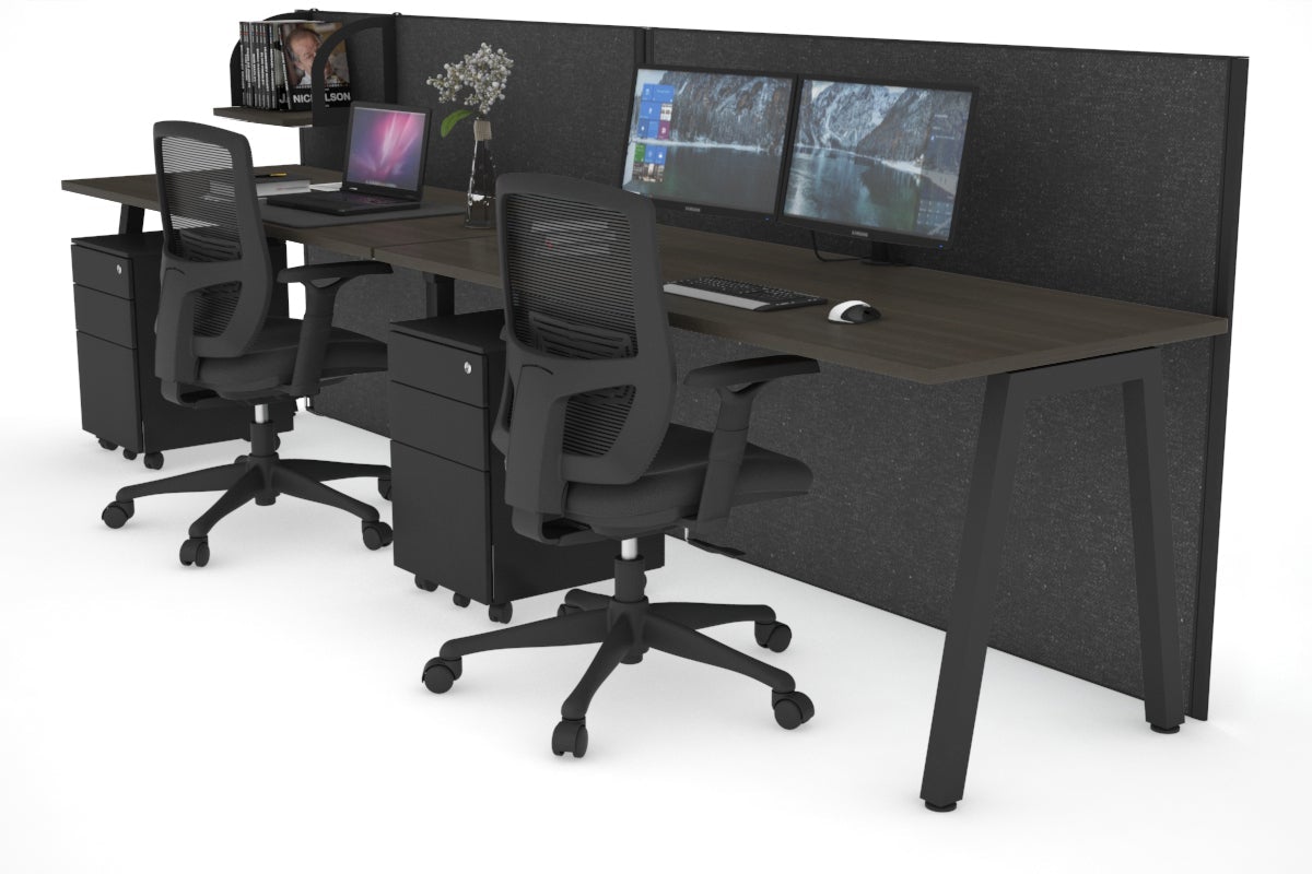 Horizon Quadro 2 Person Run A Legs Office Workstation [1600L x 700W]-black leg dark oak moody charcoal (1200H x 3200W)