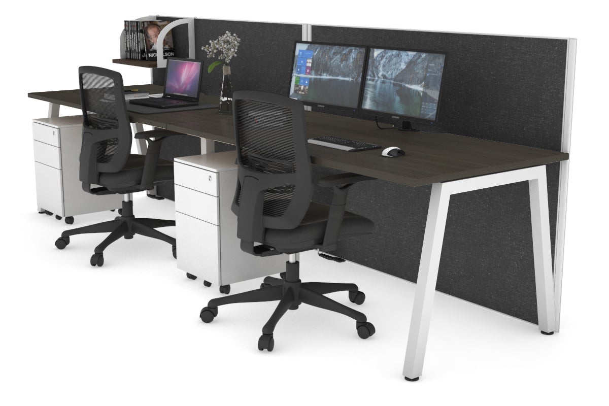 Horizon Quadro 2 Person Run A Legs Office Workstation [1600L x 800W with Cable Scallop]-white leg dark oak moody charcoal (1200H x 3200W)