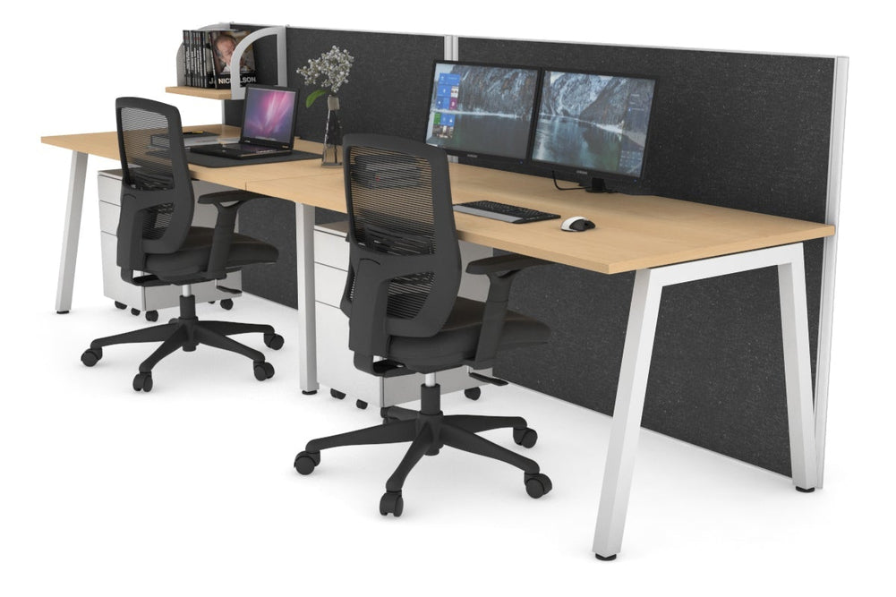 Horizon Quadro 2 Person Run A Legs Office Workstation [1600L x 800W with Cable Scallop]-white leg maple moody charcoal (1200H x 3200W)