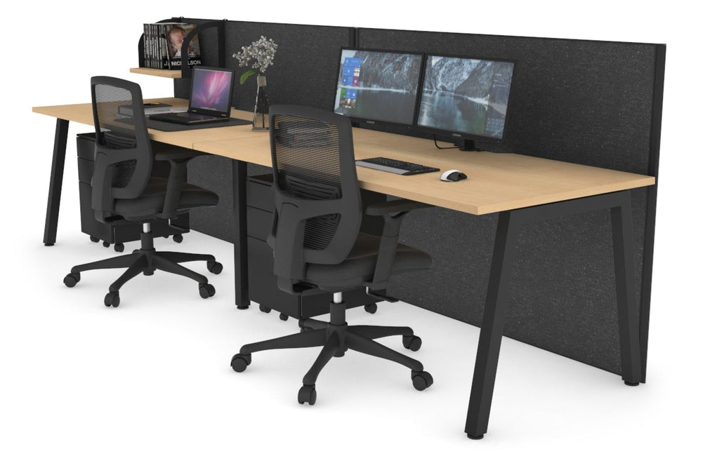 Horizon Quadro 2 Person Run A Legs Office Workstation [1600L x 800W with Cable Scallop]-black leg maple moody charcoal (1200H x 3200W)