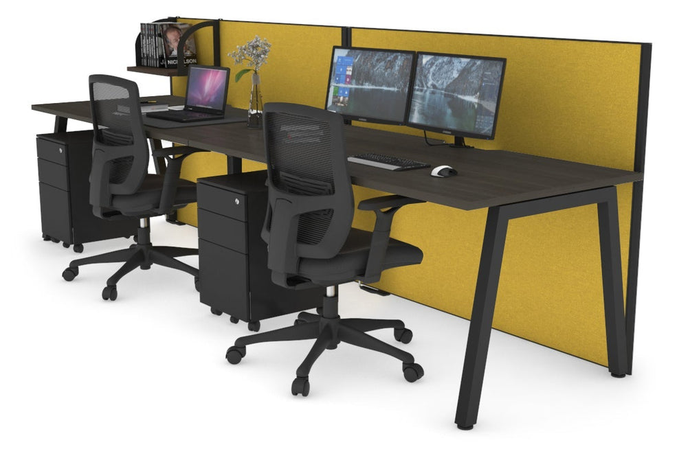 Horizon Quadro 2 Person Run A Legs Office Workstation [1600L x 800W with Cable Scallop]-black leg dark oak mustard yellow (1200H x 3200W)