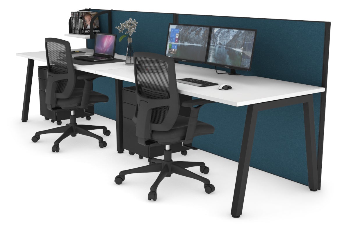 Horizon Quadro 2 Person Run A Legs Office Workstation [1600L x 800W with Cable Scallop]-black leg white deep blue (1200H x 3200W)